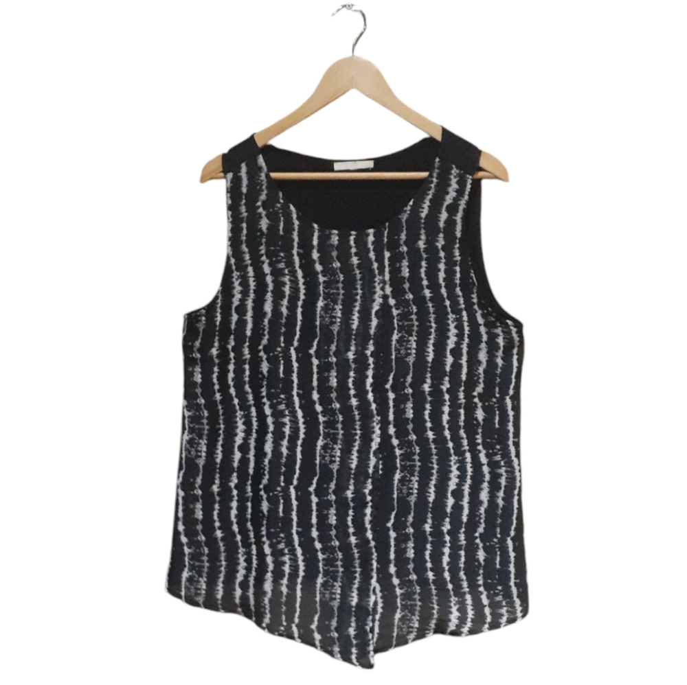 Joan Vass Women's Black Sleeveless Tank Blouse Black & White Overlay Size Large